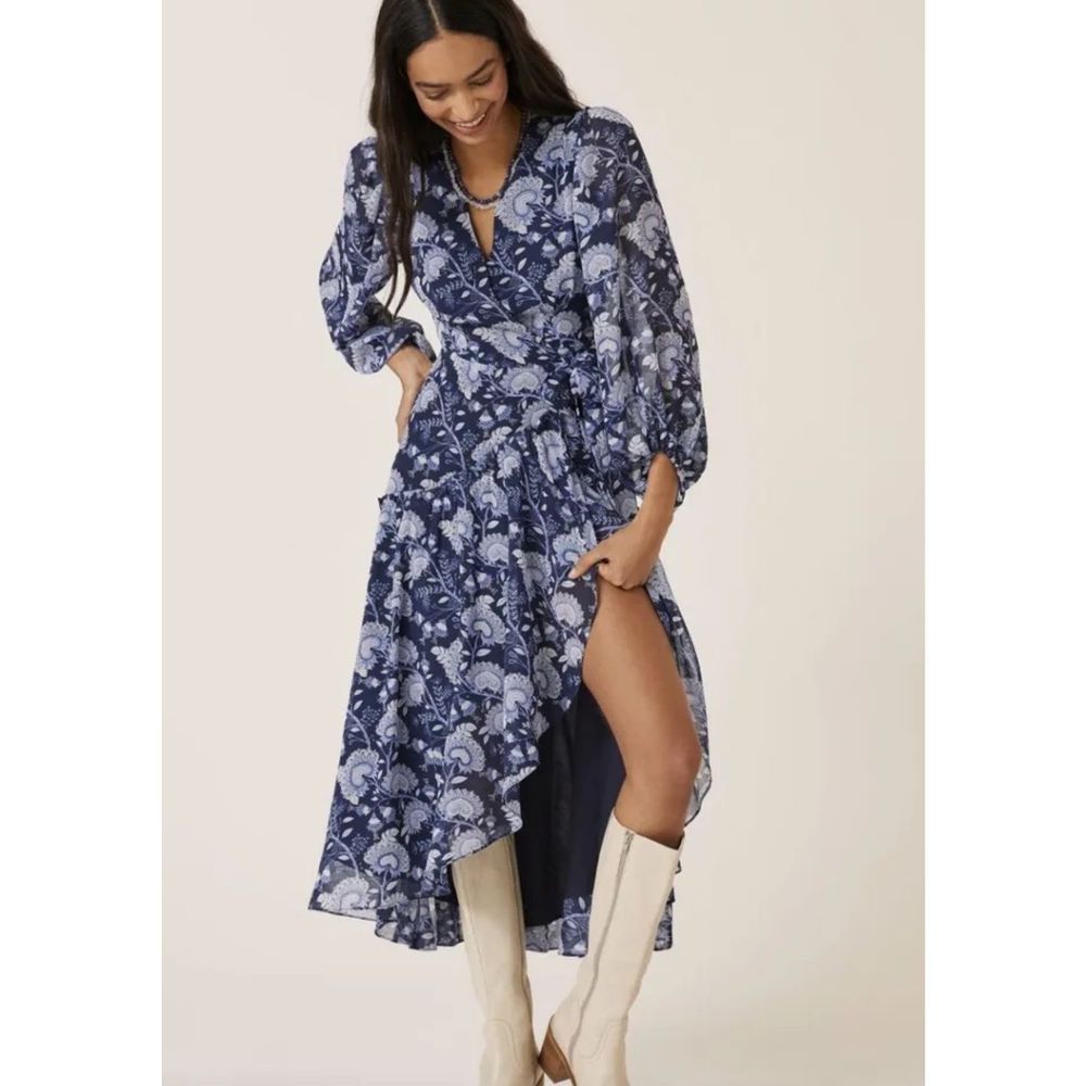 Anthropologie Navy and White Floral Wrap Maxi Dress